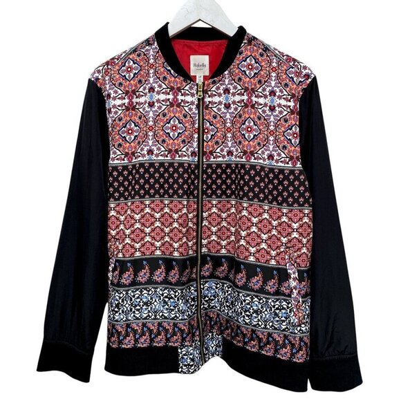 RAFAELLA Weekend Jacket Size Large Black Boho Print Zip Front Bomber Sportswear - Picture 1 of 10